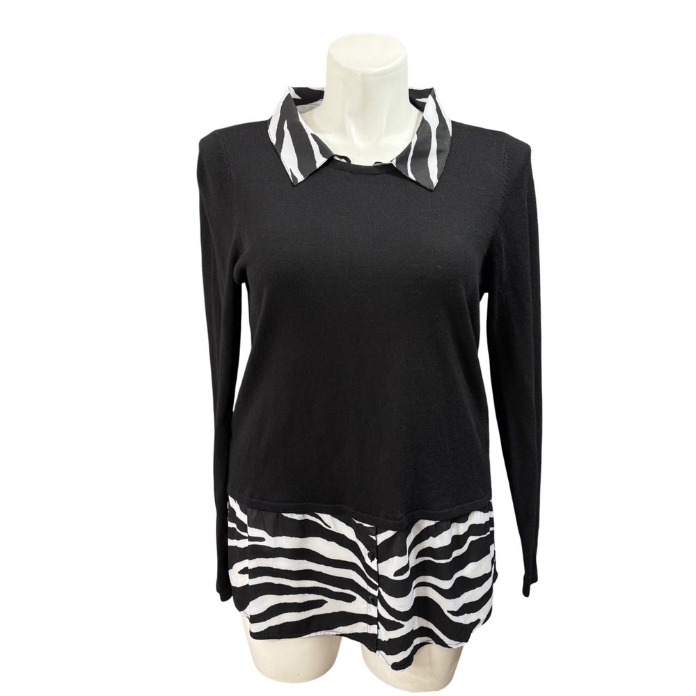 Chicos Zebra Print Layered Look Sweater Black White Animal Print Size XL